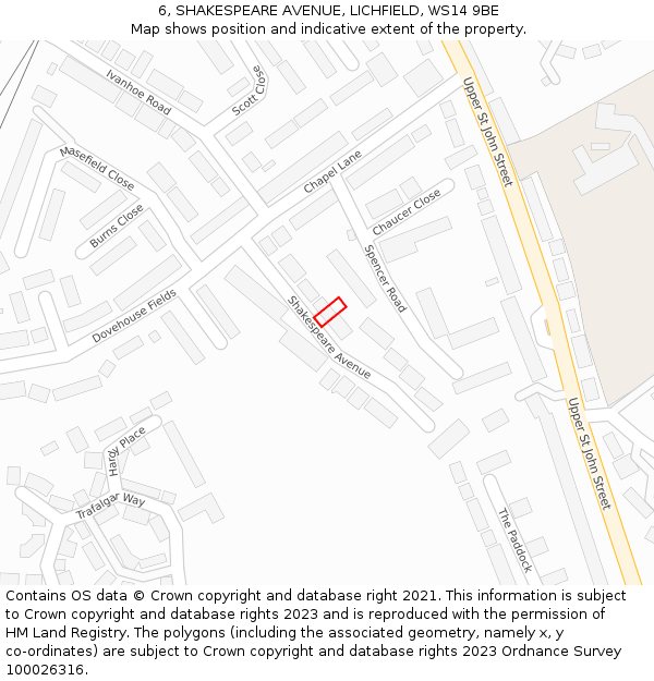 6, SHAKESPEARE AVENUE, LICHFIELD, WS14 9BE: Location map and indicative extent of plot