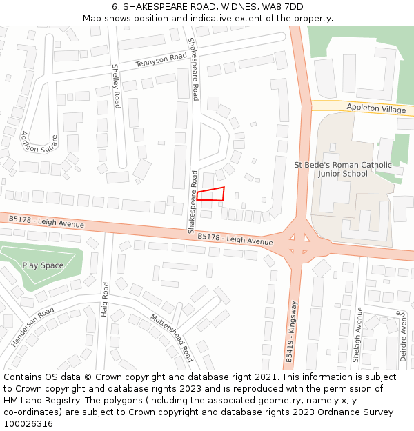 6, SHAKESPEARE ROAD, WIDNES, WA8 7DD: Location map and indicative extent of plot