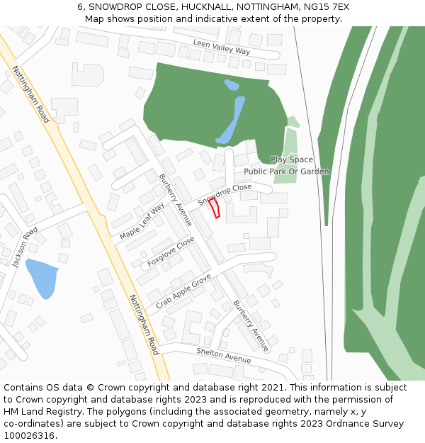 6, SNOWDROP CLOSE, HUCKNALL, NOTTINGHAM, NG15 7EX: Location map and indicative extent of plot