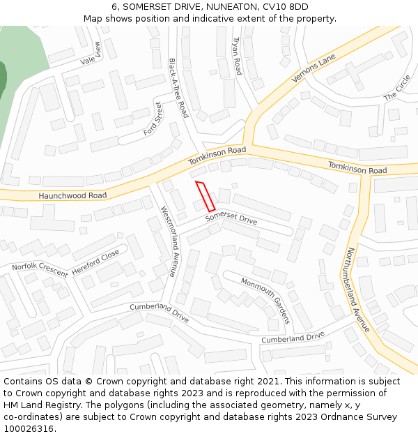 6, SOMERSET DRIVE, NUNEATON, CV10 8DD: Location map and indicative extent of plot