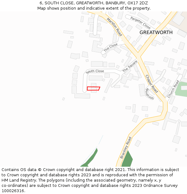 6, SOUTH CLOSE, GREATWORTH, BANBURY, OX17 2DZ: Location map and indicative extent of plot