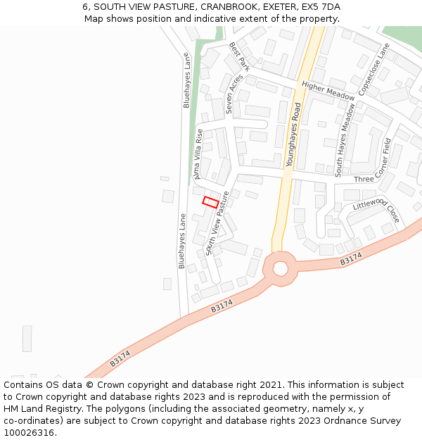 6, SOUTH VIEW PASTURE, CRANBROOK, EXETER, EX5 7DA: Location map and indicative extent of plot