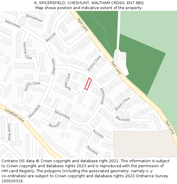 6, SPICERSFIELD, CHESHUNT, WALTHAM CROSS, EN7 6BQ: Location map and indicative extent of plot