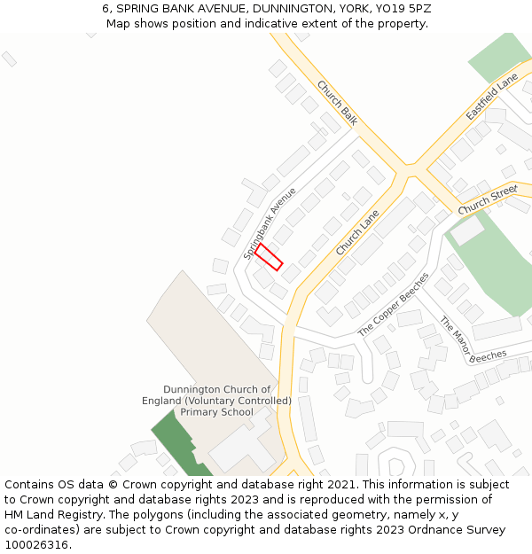 6, SPRING BANK AVENUE, DUNNINGTON, YORK, YO19 5PZ: Location map and indicative extent of plot