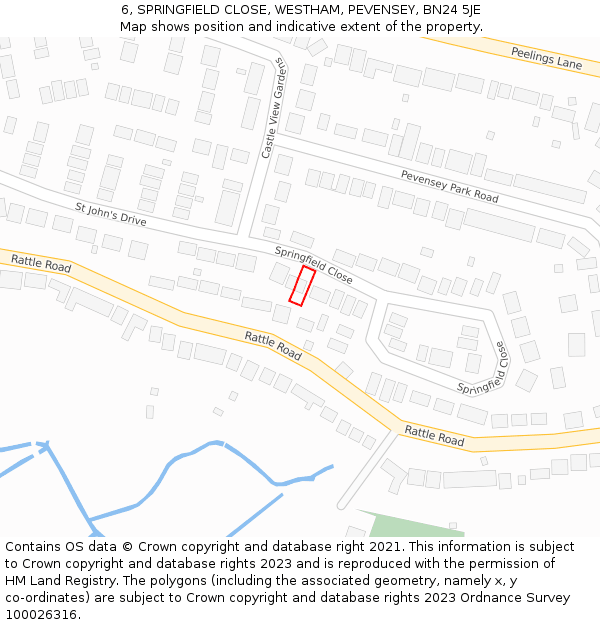 6, SPRINGFIELD CLOSE, WESTHAM, PEVENSEY, BN24 5JE: Location map and indicative extent of plot