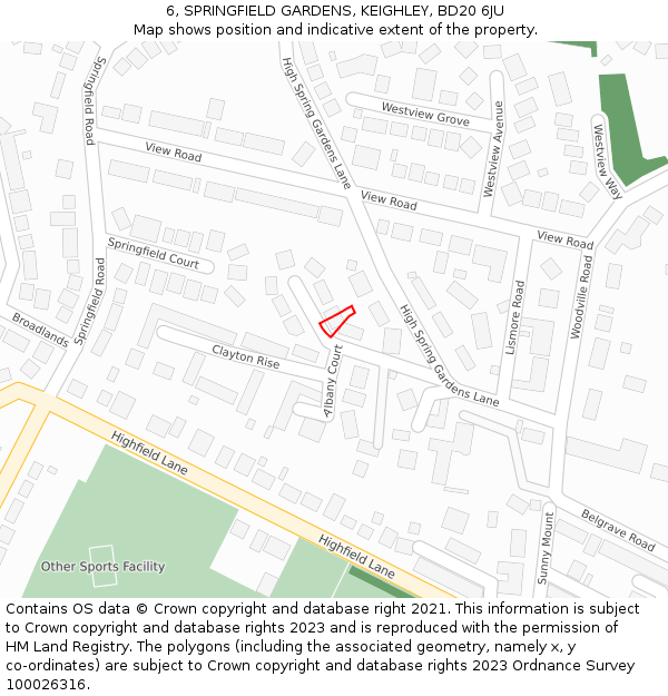 6, SPRINGFIELD GARDENS, KEIGHLEY, BD20 6JU: Location map and indicative extent of plot