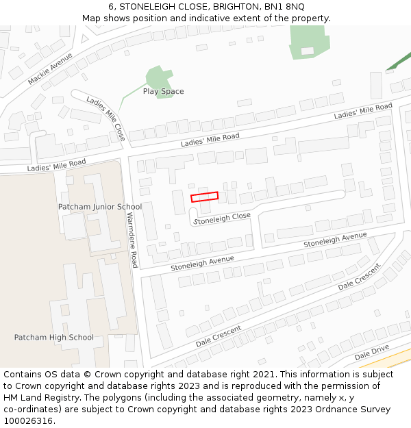 6, STONELEIGH CLOSE, BRIGHTON, BN1 8NQ: Location map and indicative extent of plot