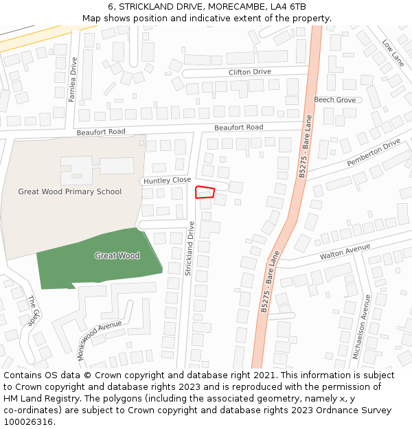 6, STRICKLAND DRIVE, MORECAMBE, LA4 6TB: Location map and indicative extent of plot