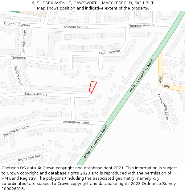 6, SUSSEX AVENUE, GAWSWORTH, MACCLESFIELD, SK11 7UT: Location map and indicative extent of plot