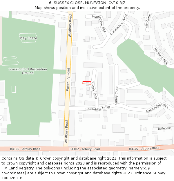 6, SUSSEX CLOSE, NUNEATON, CV10 8JZ: Location map and indicative extent of plot