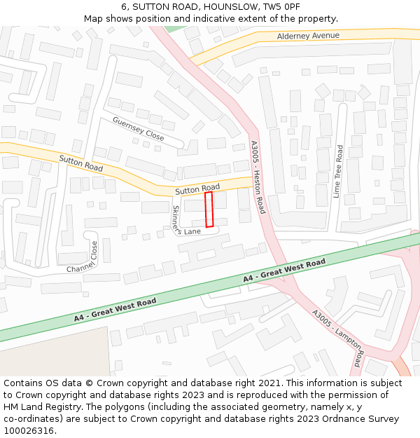 6, SUTTON ROAD, HOUNSLOW, TW5 0PF: Location map and indicative extent of plot