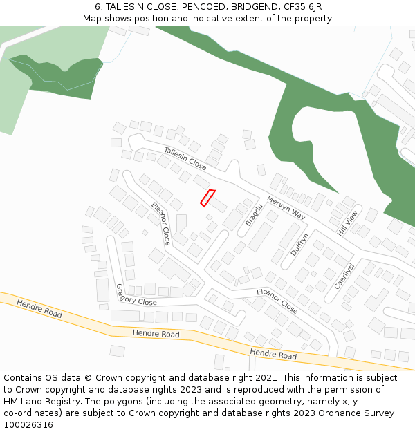 6, TALIESIN CLOSE, PENCOED, BRIDGEND, CF35 6JR: Location map and indicative extent of plot