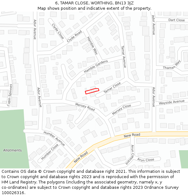 6, TAMAR CLOSE, WORTHING, BN13 3JZ: Location map and indicative extent of plot