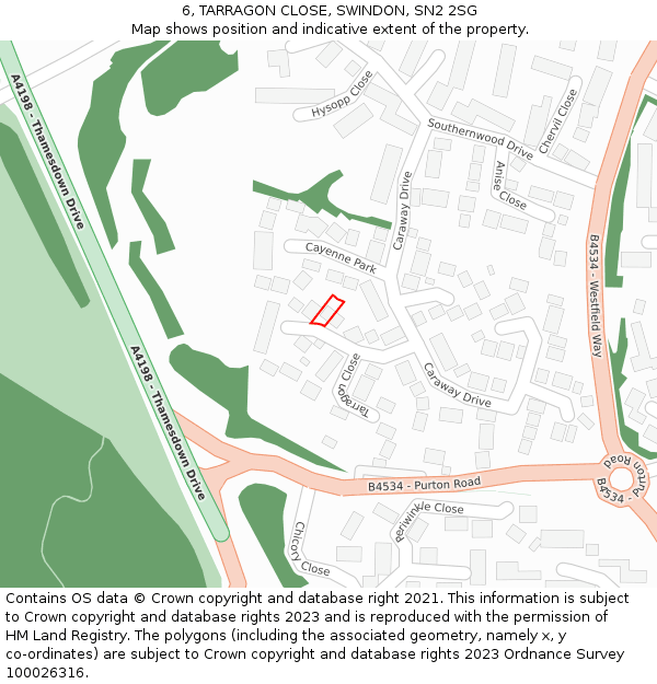 6, TARRAGON CLOSE, SWINDON, SN2 2SG: Location map and indicative extent of plot