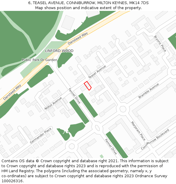 6, TEASEL AVENUE, CONNIBURROW, MILTON KEYNES, MK14 7DS: Location map and indicative extent of plot