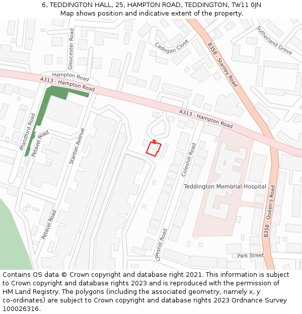 6, TEDDINGTON HALL, 25, HAMPTON ROAD, TEDDINGTON, TW11 0JN: Location map and indicative extent of plot