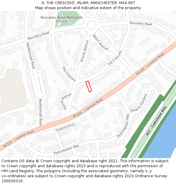 6, THE CRESCENT, IRLAM, MANCHESTER, M44 6ET: Location map and indicative extent of plot