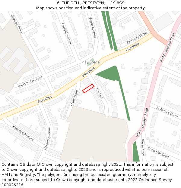 6, THE DELL, PRESTATYN, LL19 8SS: Location map and indicative extent of plot