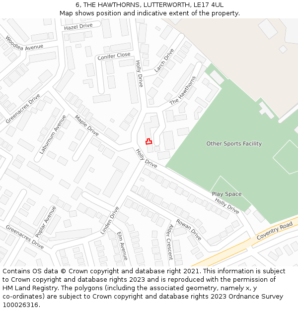6, THE HAWTHORNS, LUTTERWORTH, LE17 4UL: Location map and indicative extent of plot