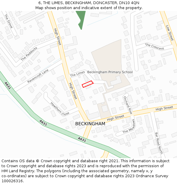 6, THE LIMES, BECKINGHAM, DONCASTER, DN10 4QN: Location map and indicative extent of plot