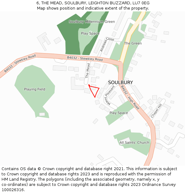 6, THE MEAD, SOULBURY, LEIGHTON BUZZARD, LU7 0EG: Location map and indicative extent of plot