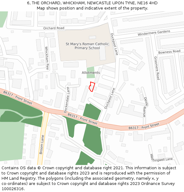 6, THE ORCHARD, WHICKHAM, NEWCASTLE UPON TYNE, NE16 4HD: Location map and indicative extent of plot