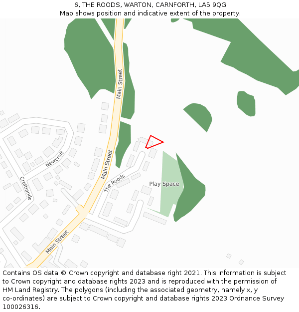 6, THE ROODS, WARTON, CARNFORTH, LA5 9QG: Location map and indicative extent of plot