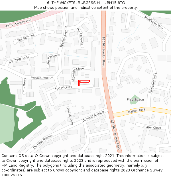 6, THE WICKETS, BURGESS HILL, RH15 8TG: Location map and indicative extent of plot