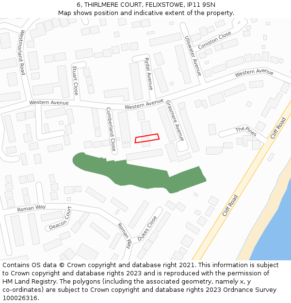 6, THIRLMERE COURT, FELIXSTOWE, IP11 9SN: Location map and indicative extent of plot