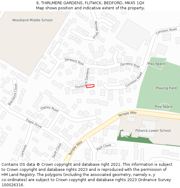 6, THIRLMERE GARDENS, FLITWICK, BEDFORD, MK45 1QX: Location map and indicative extent of plot