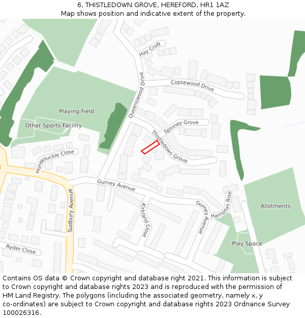 6, THISTLEDOWN GROVE, HEREFORD, HR1 1AZ: Location map and indicative extent of plot