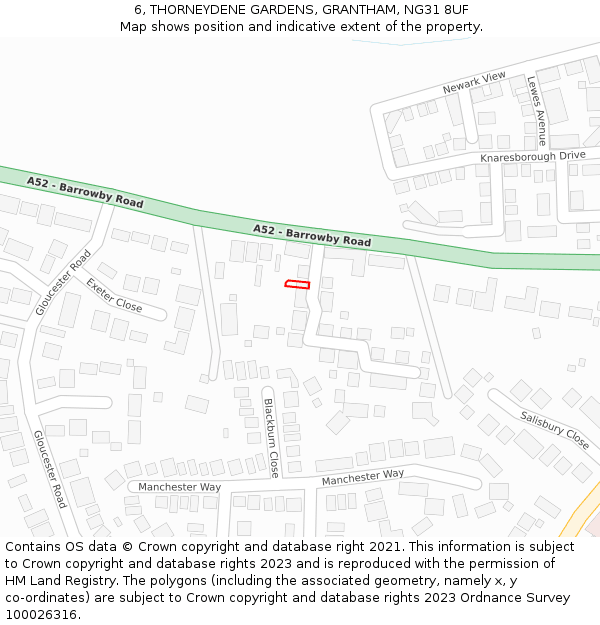 6, THORNEYDENE GARDENS, GRANTHAM, NG31 8UF: Location map and indicative extent of plot