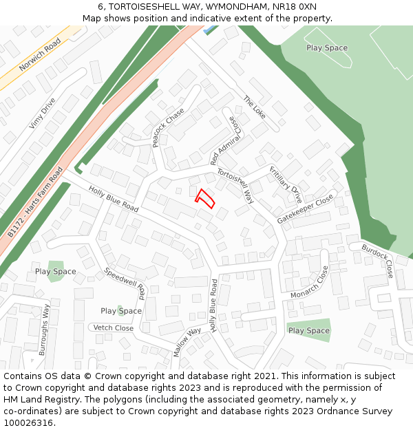 6, TORTOISESHELL WAY, WYMONDHAM, NR18 0XN: Location map and indicative extent of plot