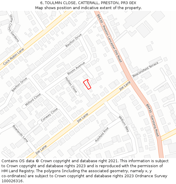 6, TOULMIN CLOSE, CATTERALL, PRESTON, PR3 0EX: Location map and indicative extent of plot