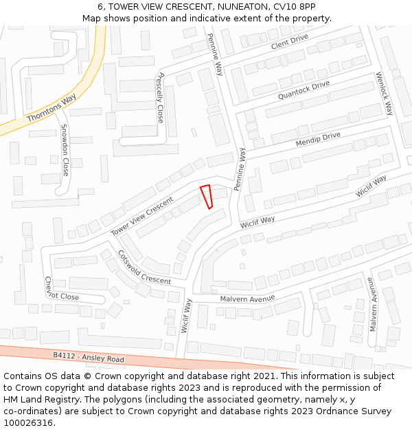 6, TOWER VIEW CRESCENT, NUNEATON, CV10 8PP: Location map and indicative extent of plot