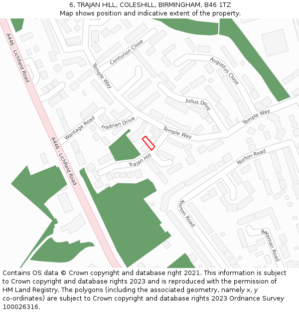 6, TRAJAN HILL, COLESHILL, BIRMINGHAM, B46 1TZ: Location map and indicative extent of plot