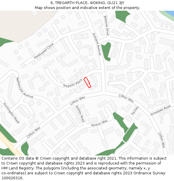 6, TREGARTH PLACE, WOKING, GU21 3JY: Location map and indicative extent of plot