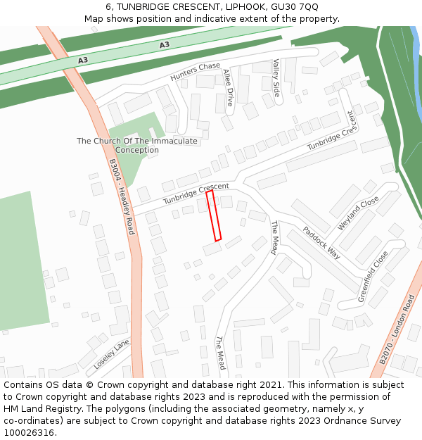 6, TUNBRIDGE CRESCENT, LIPHOOK, GU30 7QQ: Location map and indicative extent of plot