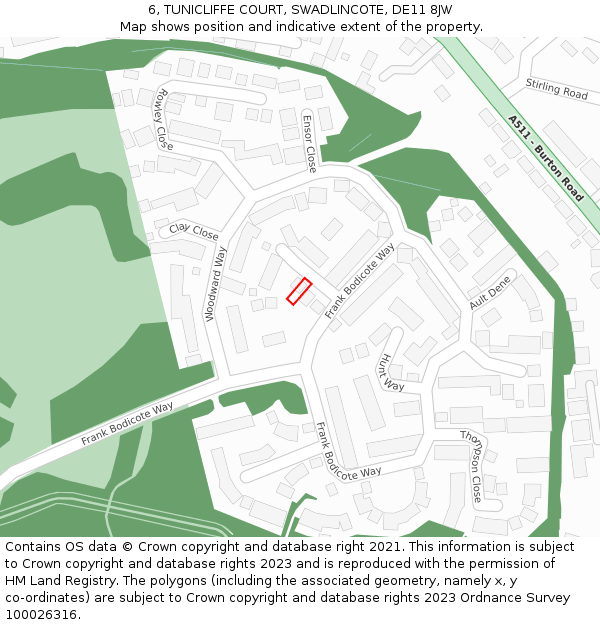 6, TUNICLIFFE COURT, SWADLINCOTE, DE11 8JW: Location map and indicative extent of plot