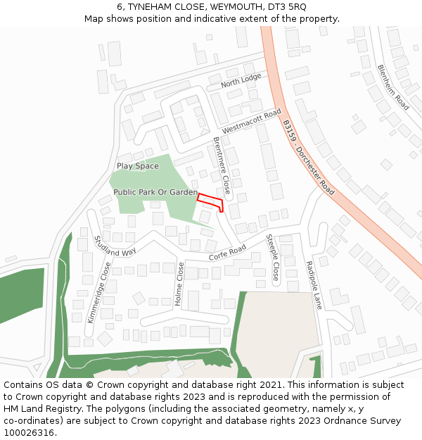 6, TYNEHAM CLOSE, WEYMOUTH, DT3 5RQ: Location map and indicative extent of plot