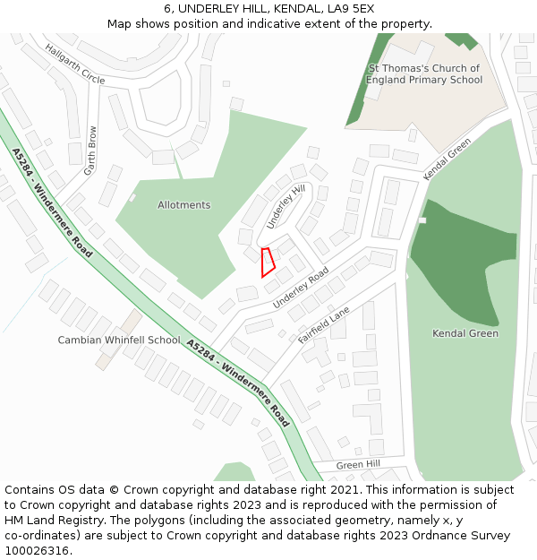 6, UNDERLEY HILL, KENDAL, LA9 5EX: Location map and indicative extent of plot