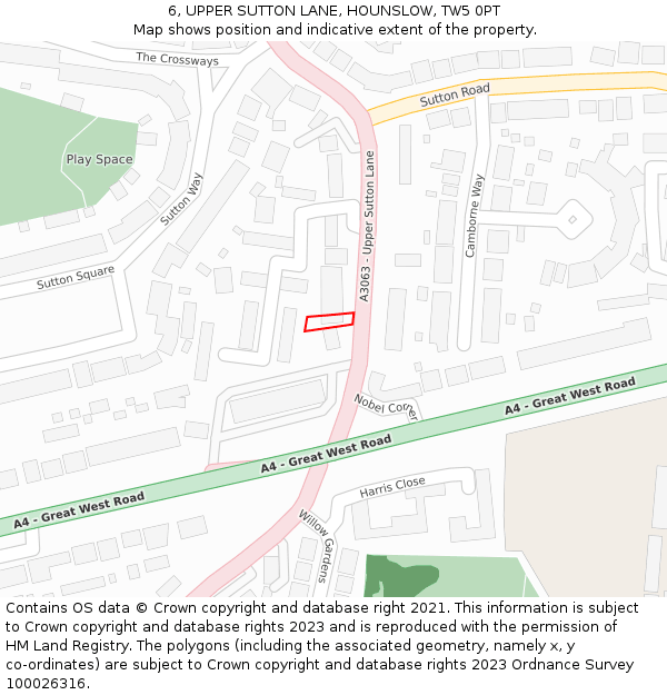 6, UPPER SUTTON LANE, HOUNSLOW, TW5 0PT: Location map and indicative extent of plot