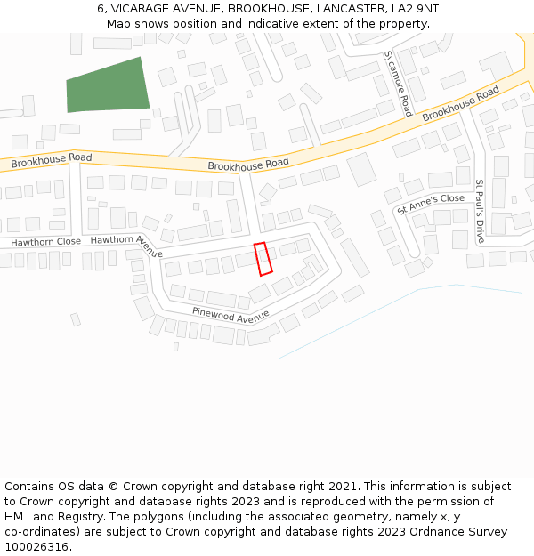 6, VICARAGE AVENUE, BROOKHOUSE, LANCASTER, LA2 9NT: Location map and indicative extent of plot