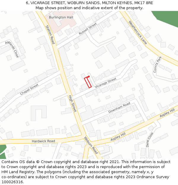 6, VICARAGE STREET, WOBURN SANDS, MILTON KEYNES, MK17 8RE: Location map and indicative extent of plot