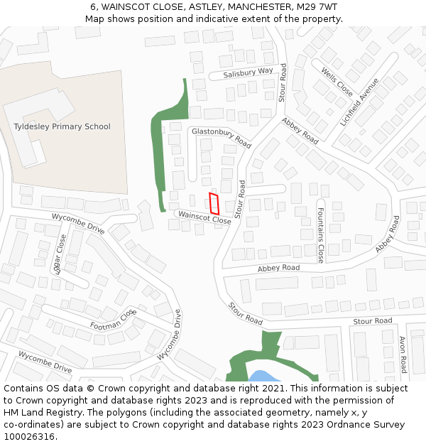 6, WAINSCOT CLOSE, ASTLEY, MANCHESTER, M29 7WT: Location map and indicative extent of plot