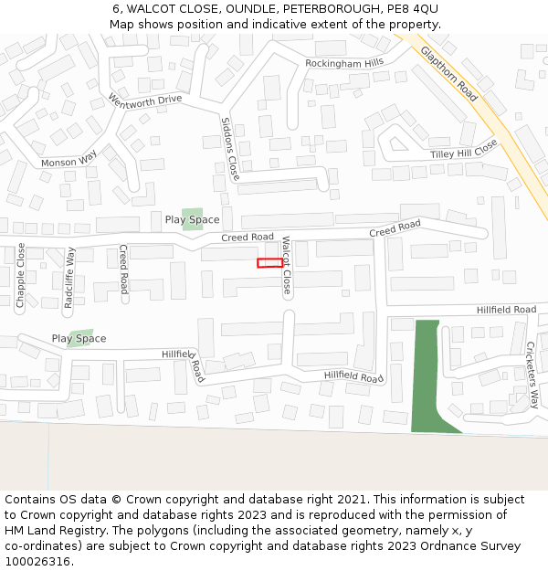 6, WALCOT CLOSE, OUNDLE, PETERBOROUGH, PE8 4QU: Location map and indicative extent of plot