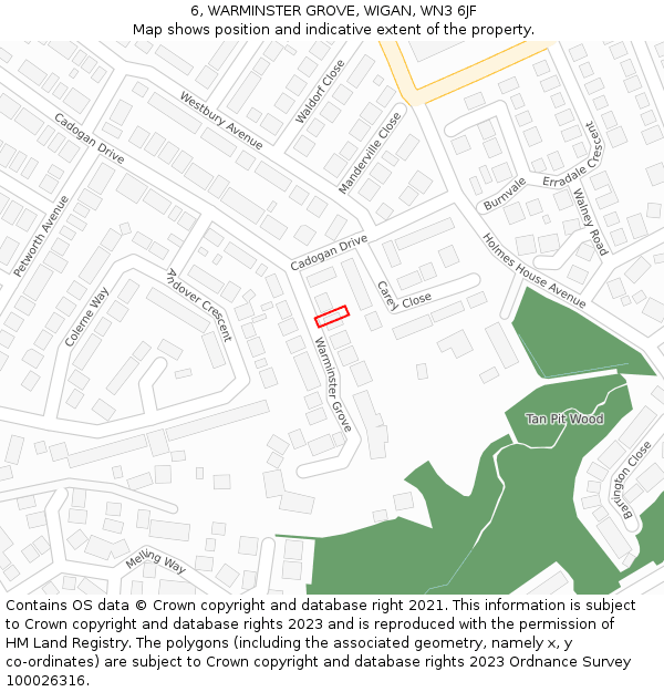 6, WARMINSTER GROVE, WIGAN, WN3 6JF: Location map and indicative extent of plot