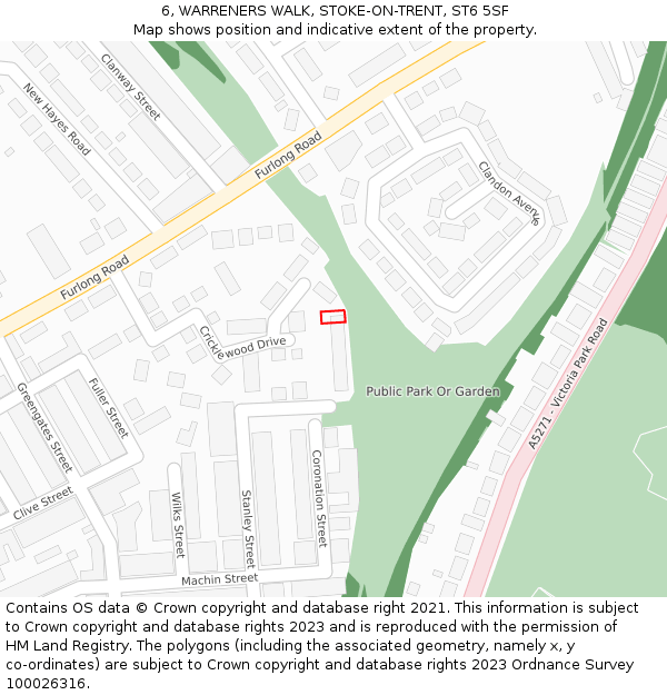 6, WARRENERS WALK, STOKE-ON-TRENT, ST6 5SF: Location map and indicative extent of plot