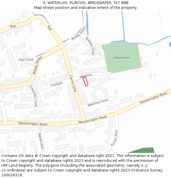 6, WATERLOO, PURITON, BRIDGWATER, TA7 8BB: Location map and indicative extent of plot