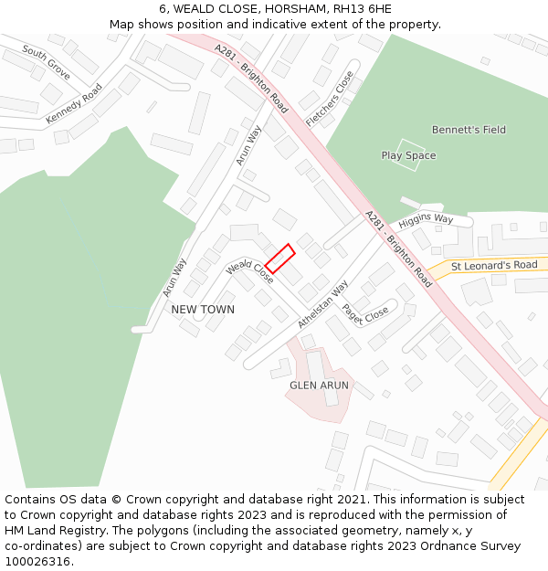 6, WEALD CLOSE, HORSHAM, RH13 6HE: Location map and indicative extent of plot